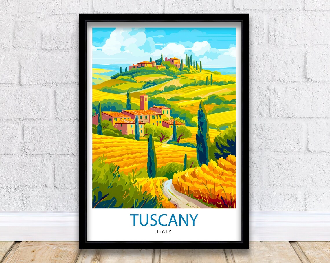 Tuscany Italy Cypress Trees Golden Wheat Fields Hill Village Poster