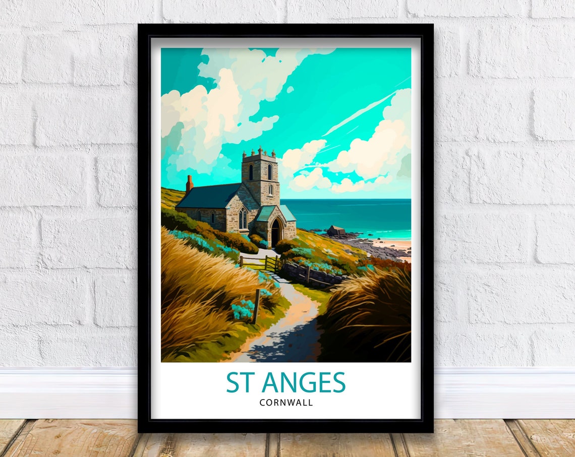 St Anges Cornwall Stone Church Coastal Cliff Path Travel Poster