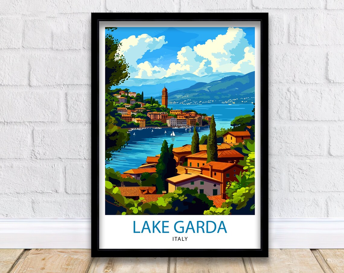 Lake Garda Italy Lakeside Town Travel Poster With Sailboats Art