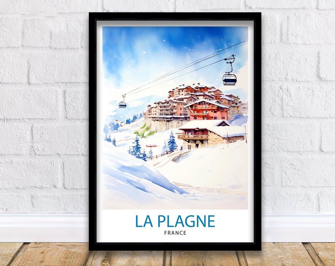 La Plagne France Watercolor Ski Resort Gondola Chalet Snow Art Poster