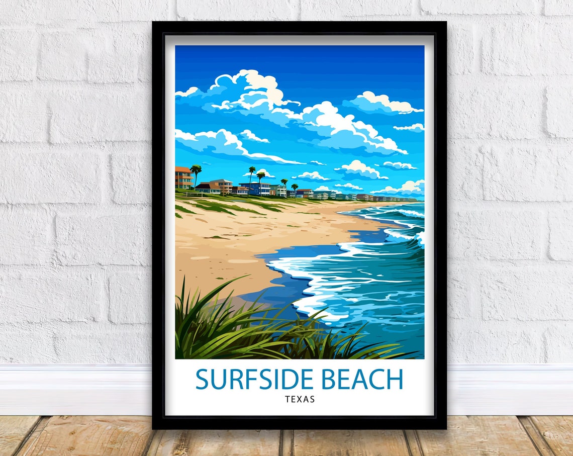 Surfside Beach Texas Wide Sandy Shore and Beach House Row Poster