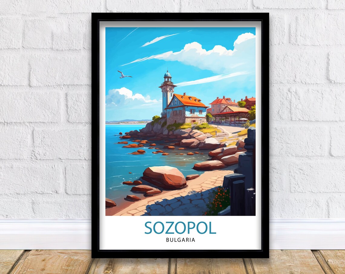 Sozopol Bulgaria Coastal Lighthouse Rocky Shore Travel Poster