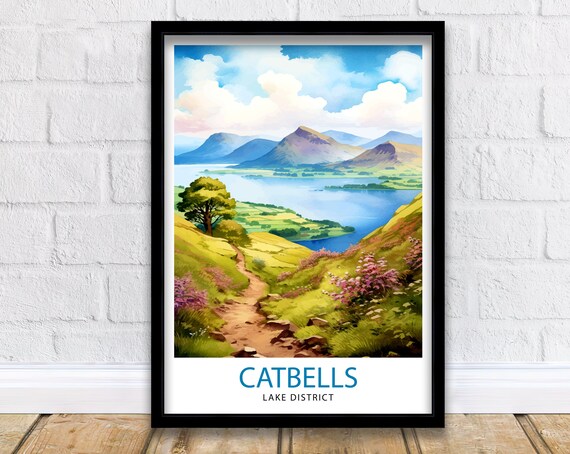 Catbells Lake District Fell Path Lake View Vintage Travel Poster