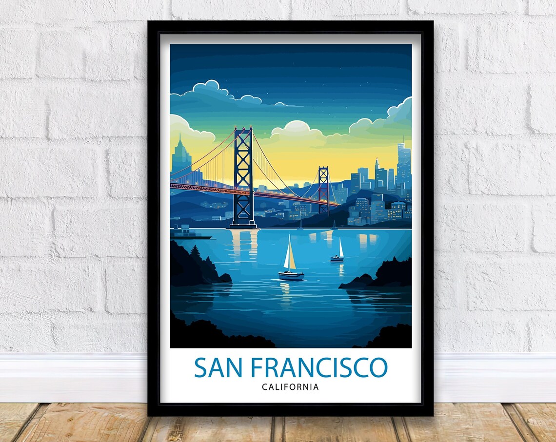 San Francisco Bay Bridge Day Cityscape Vintage Travel Poster Art