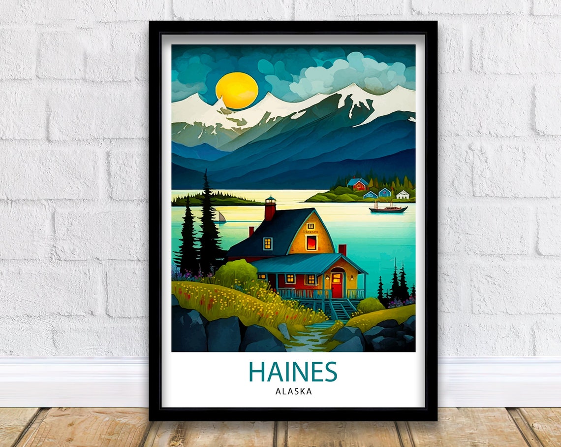 Haines Alaska Lakeside Cabin Mountain Midnight Sun Travel Poster