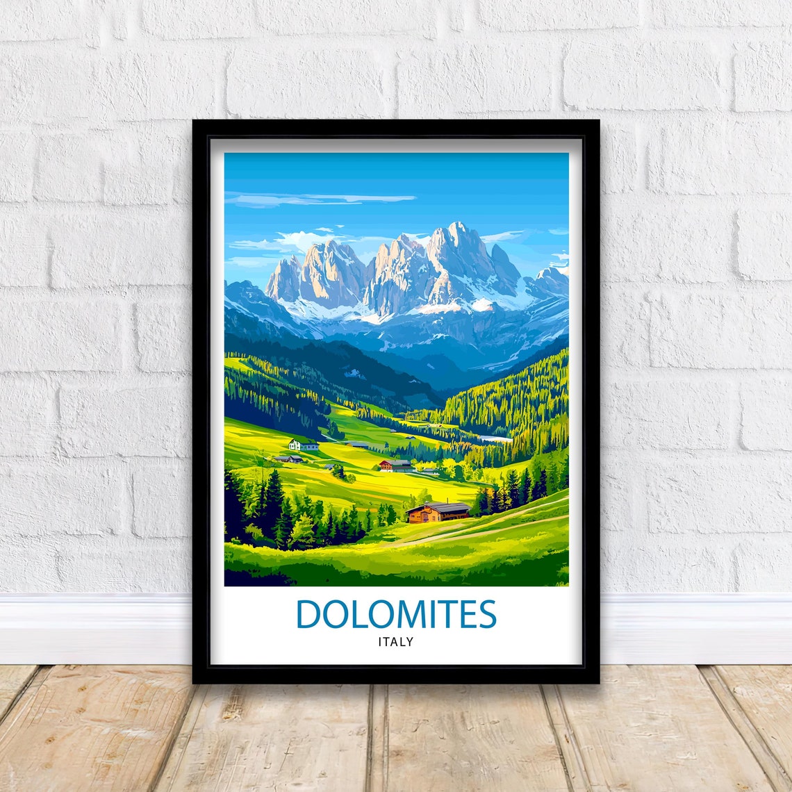 Dolomites Italy Alpine Mountain Peaks Green Valley Travel Poster