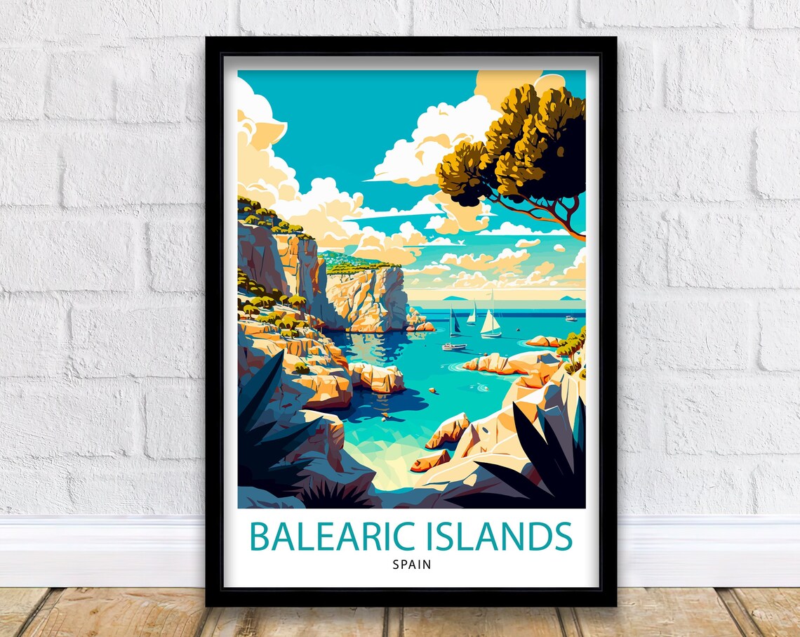 Balearic Islands Spain Rocky Cove Sailboats Retro Travel Poster