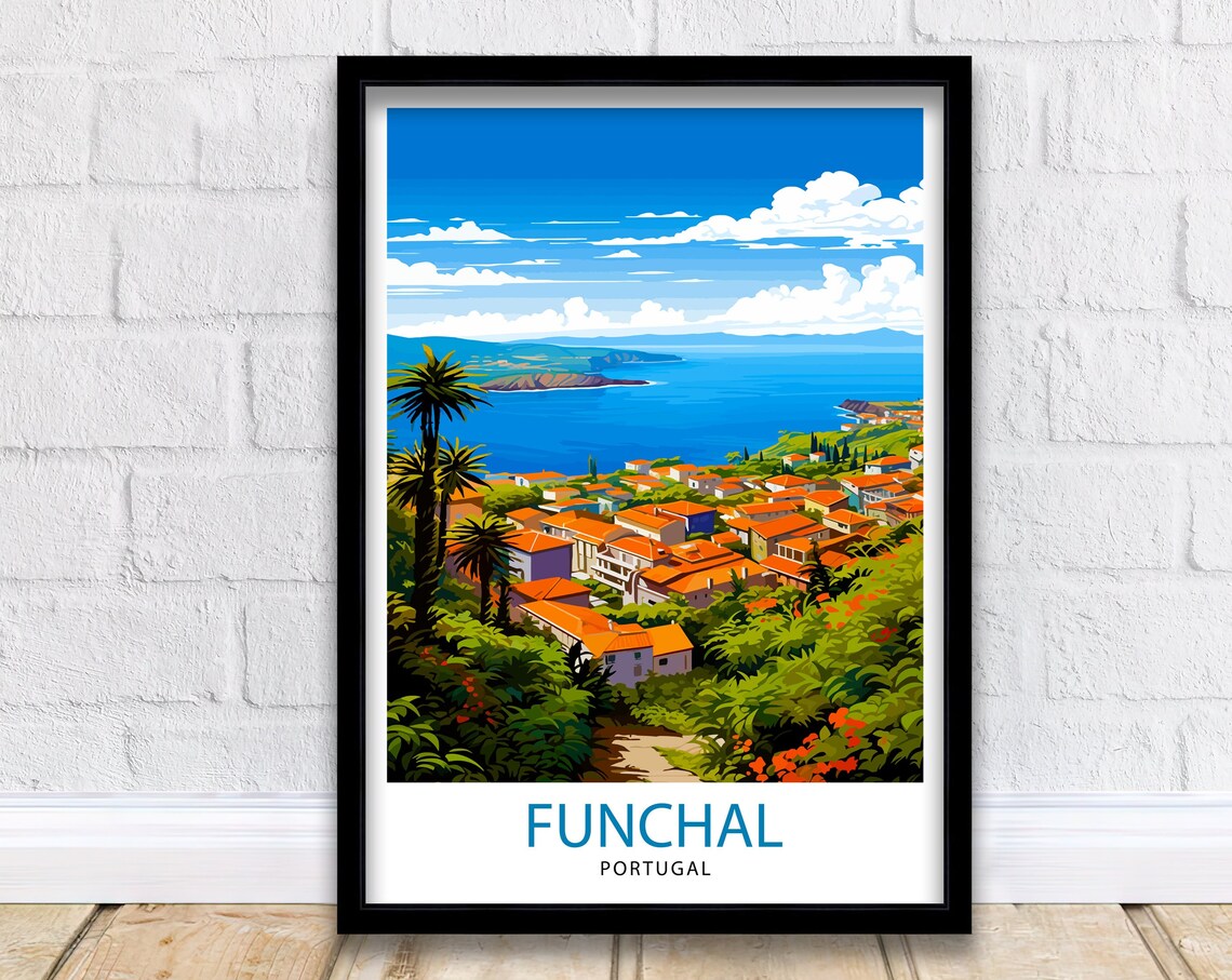 Funchal Portugal Madeira Coastal Town Red Roofs Blue Bay Travel Poster