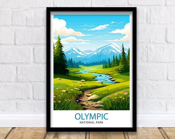 Olympic National Park Snowy Peaks Wildflower Meadow Vintage Travel Poster