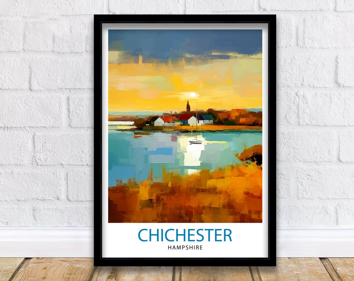 Chichester Hampshire Golden Sunset Harbour Boats Scene Poster
