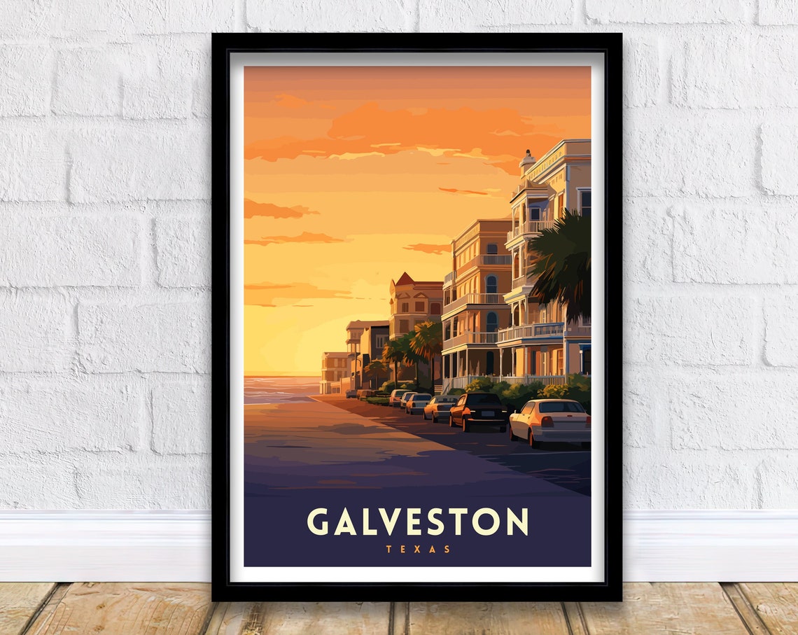 Galveston Texas Historic Beachfront Street Sunset Travel Art Poster