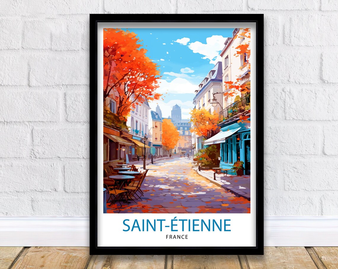 Saint Etienne France Autumn Street Cafes Orange Trees Poster