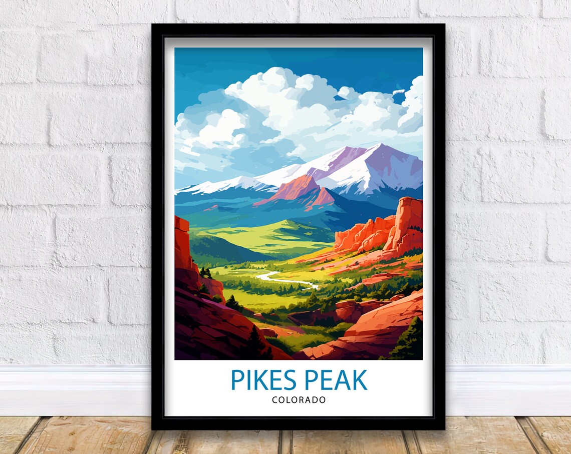 Pikes Peak Colorado Travel Poster, Rocky Mountain Illustration