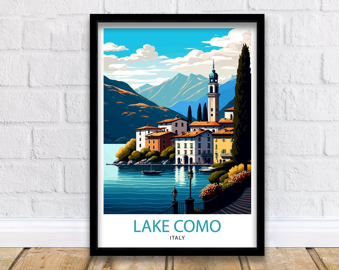 Lake Como Italy Colorful Lakeside Village Bell Tower Travel Poster