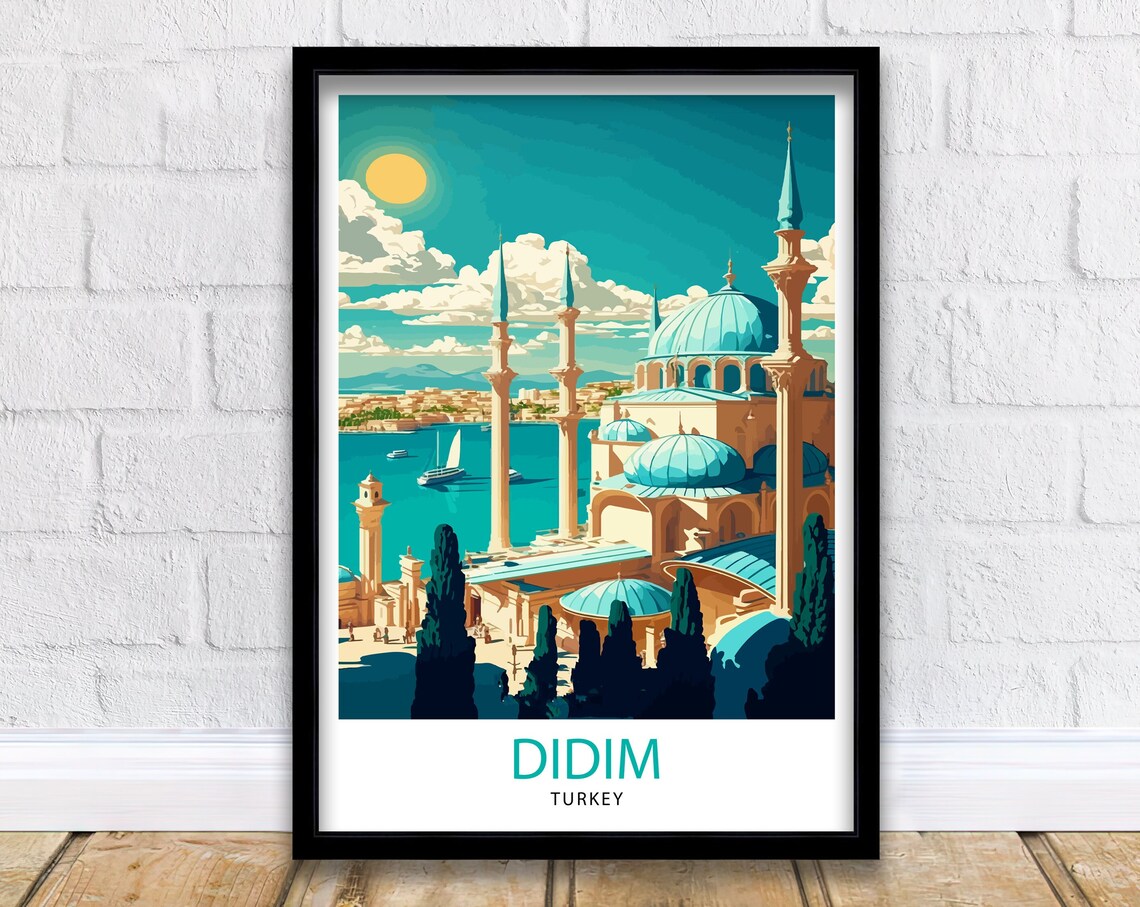 Didim Turkey Seaside Mosque Blue Domes Vintage Travel Poster