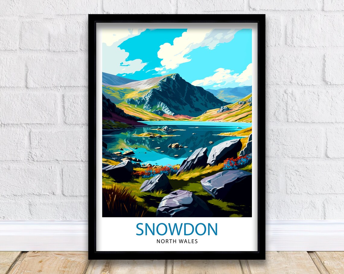 Snowdonia Travel Poster, Wales Mountain Landscape