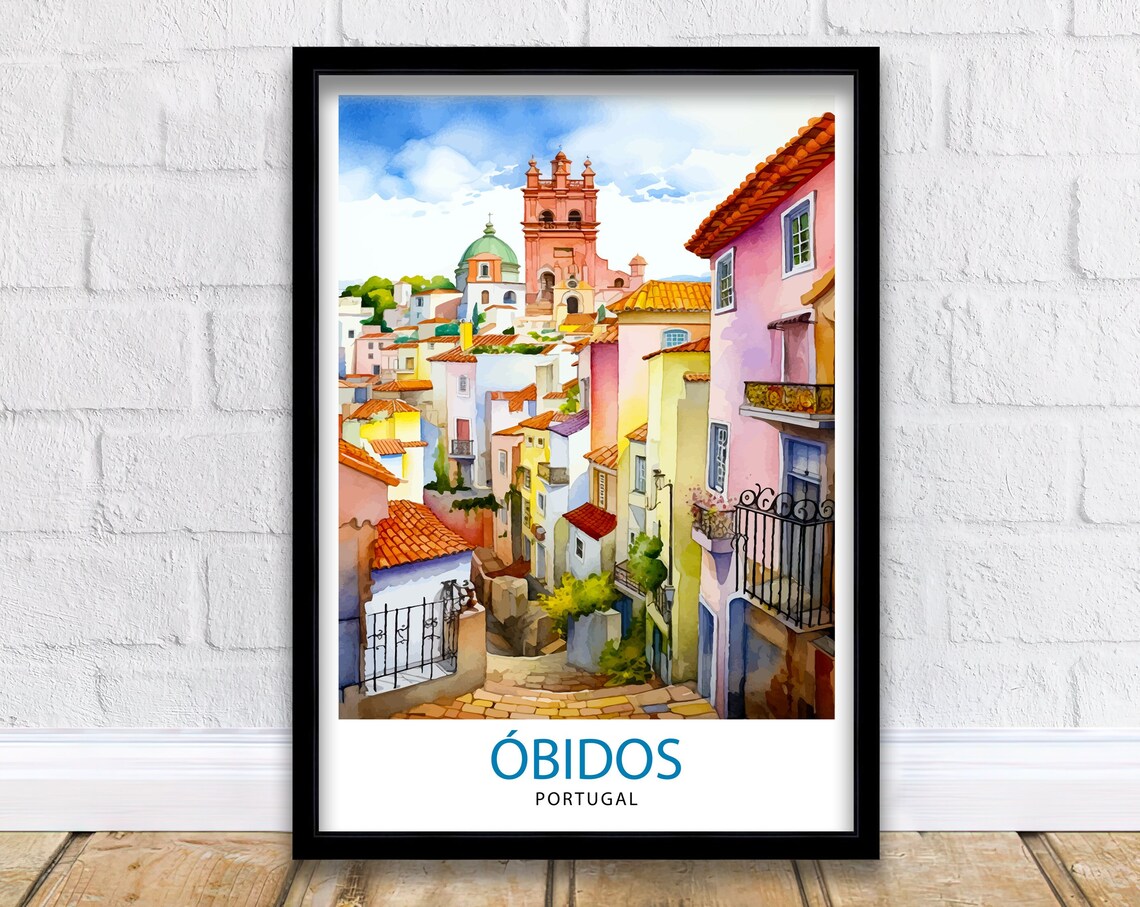 Obidos Portugal Colorful Old Town Street Watercolor Travel Poster