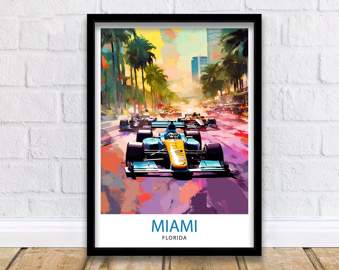 Miami Florida Formula Race Cars Colorful Street Circuit Action Poster