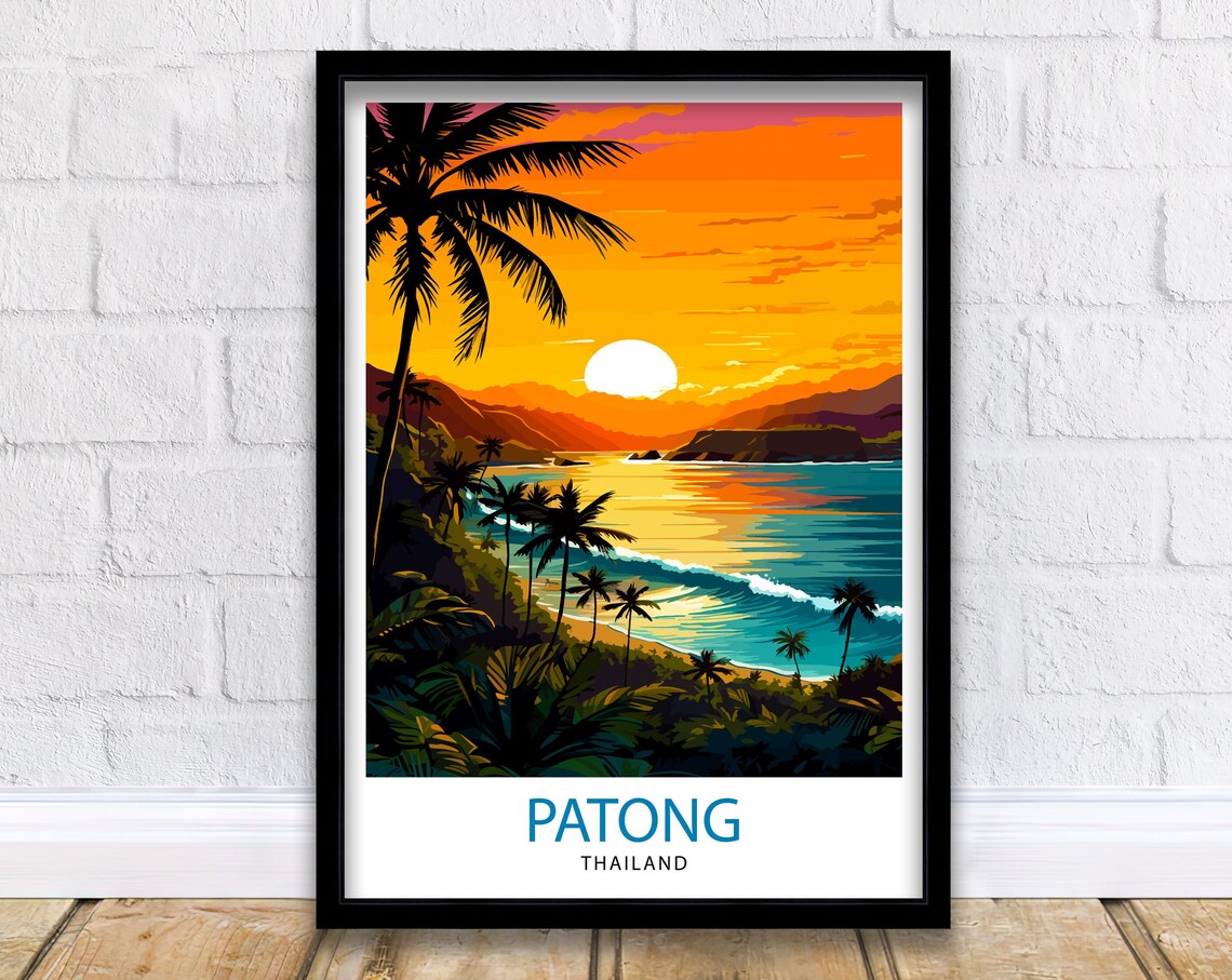 Patong Thailand Sunset Beach Palm Trees Waves Vintage Travel Poster