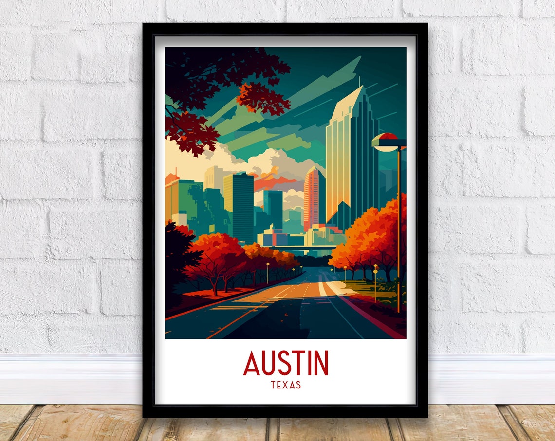 Austin Texas City Skyline Sunset Street Vintage Travel Poster
