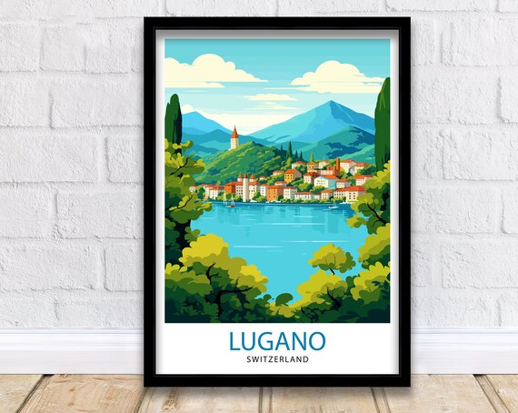Lugano Switzerland Lake Town Mountain Panorama Travel Poster