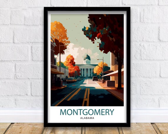 Montgomery Alabama Travel Poster Capitol Dome Autumn Street Art