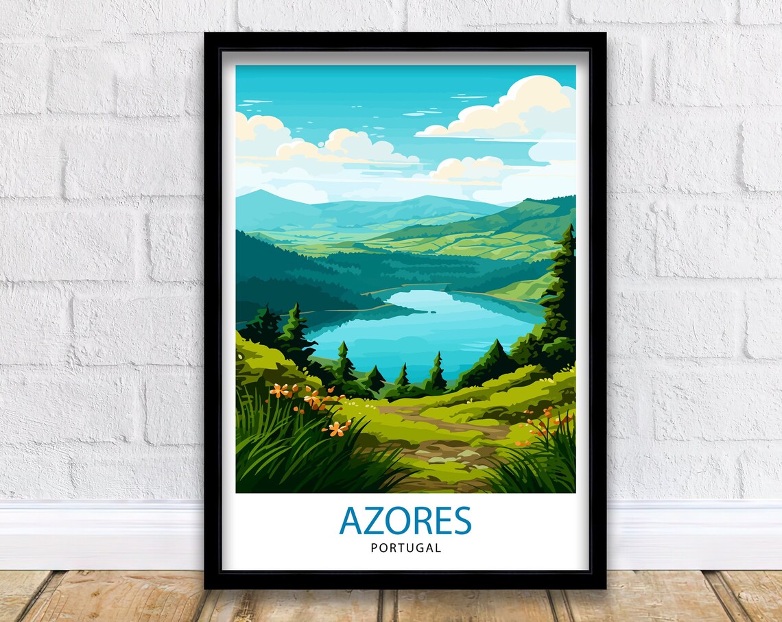 Azores Portugal Green Volcanic Lake Wildflowers Valley Scenic Poster