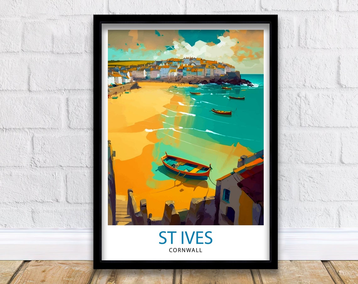 St Ives Cornwall Golden Beach Harbor Fishing Boats Travel Poster