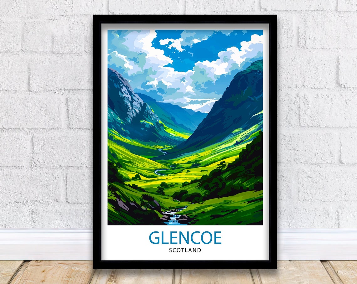 Glencoe Scotland Green Mountain Valley Winding River Travel Poster