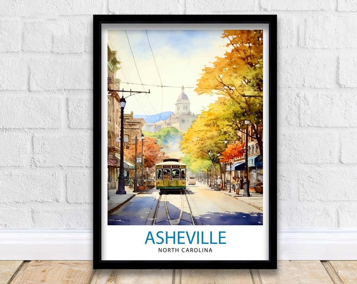 Asheville North Carolina Trolley Street Travel Poster Autumn Art