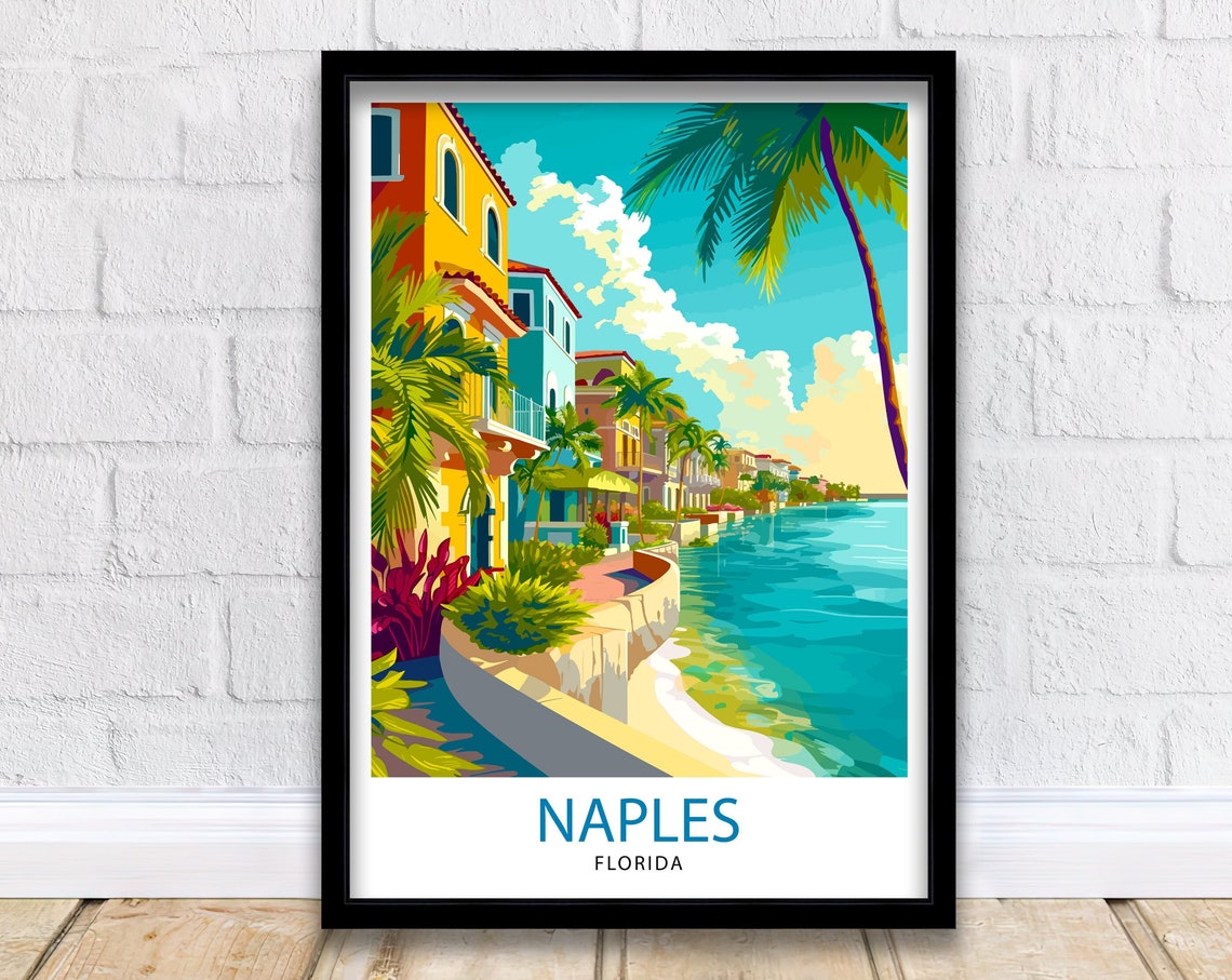 Naples Florida Waterfront Promenade Colorful Palm Travel Poster