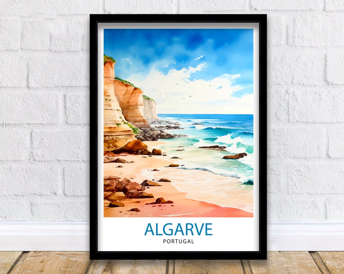 Algarve Portugal Rocky Beach Cliffs Ocean Watercolor Travel Poster
