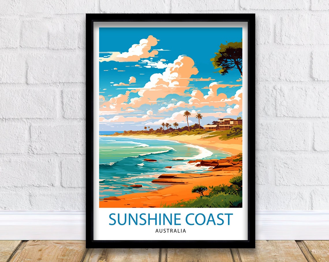 Sunshine Coast Australia Beach Waves Palm Trees Travel Poster
