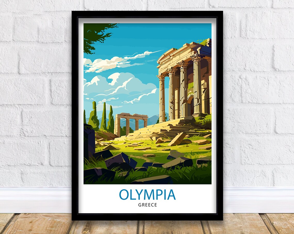 Olympia Greece Ancient Ruins Temple Sunlit Columns Travel Poster