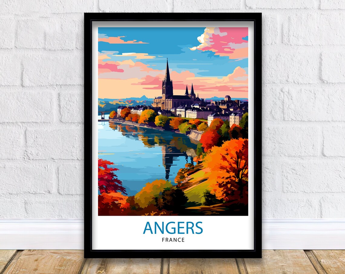 Angers France Riverside Cathedral Autumn Cityscape Travel Poster