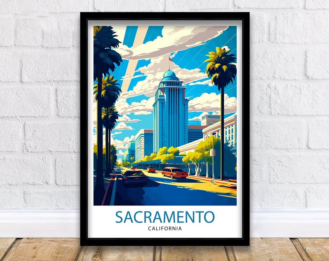 Sacramento California Downtown Skyline Palm Trees Travel Poster