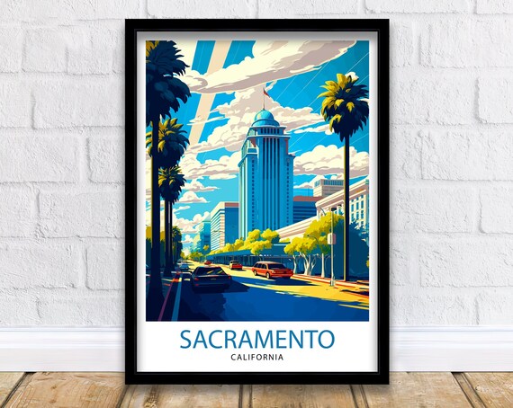 Sacramento California Downtown Skyline Palm Trees Travel Poster