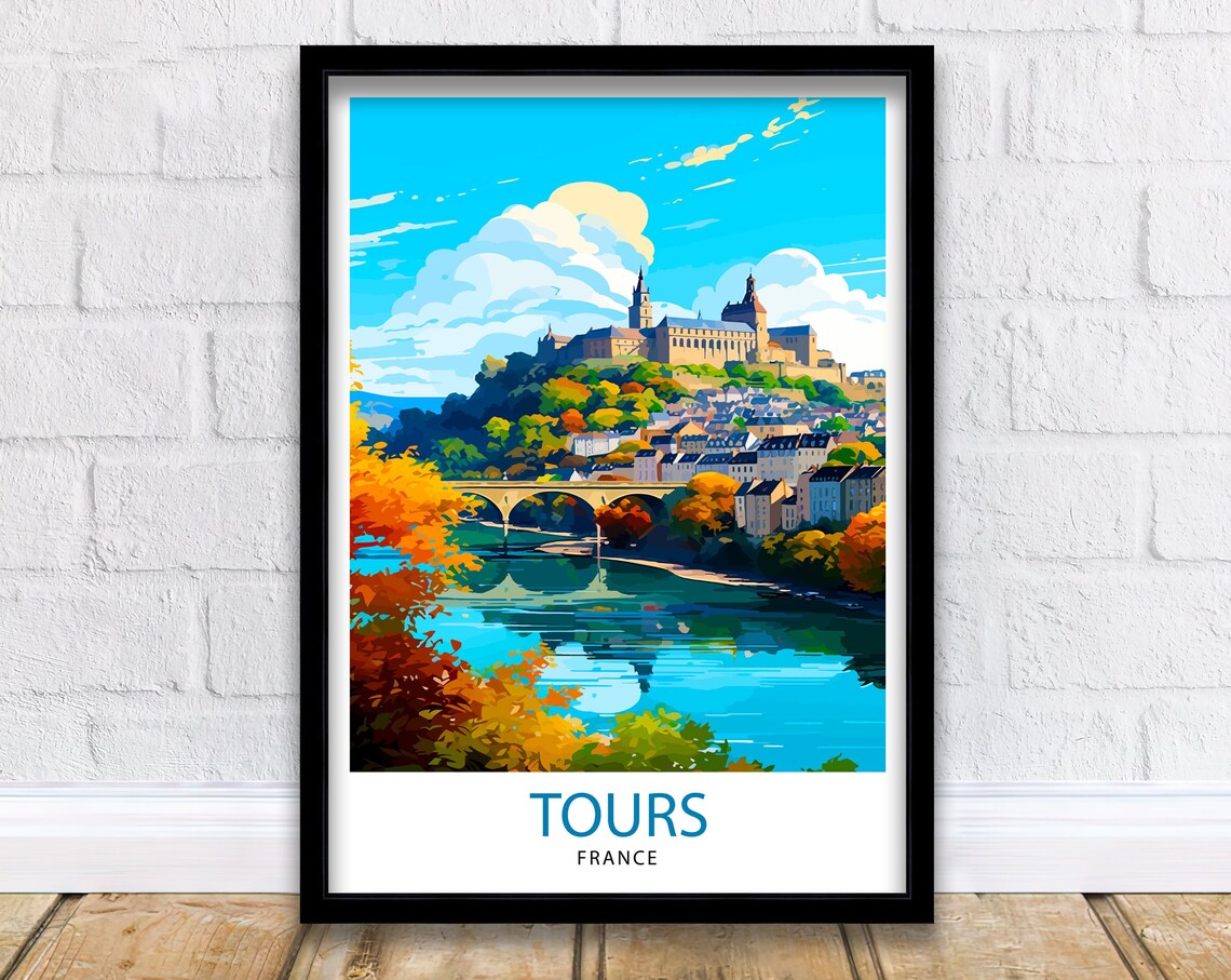 Tours France Autumn Riverside Old Town Color Illustration Poster