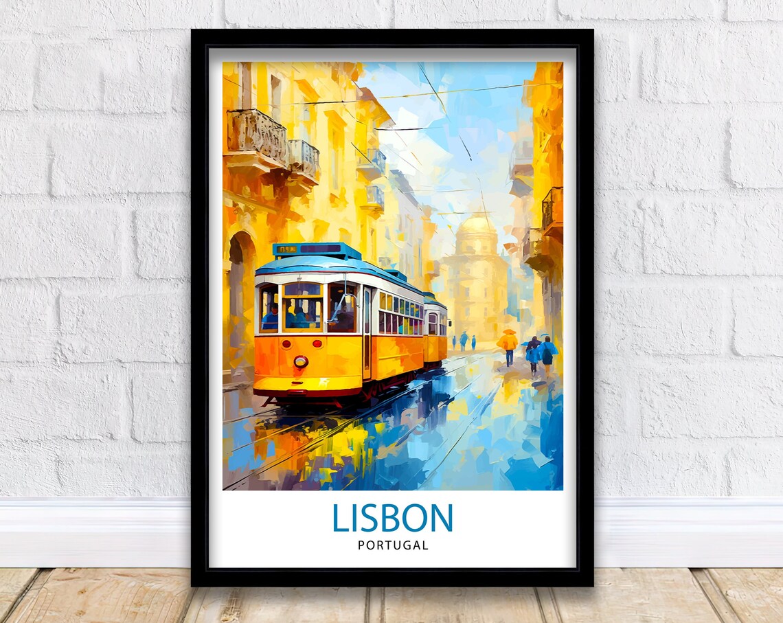 Lisbon Portugal Yellow Tram Rainy Street Vintage City Travel Poster