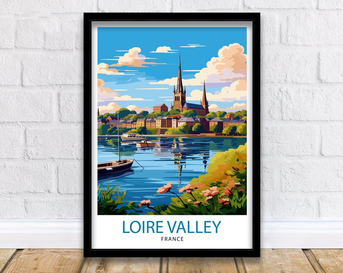 Loire Valley River Town Cathedral Spire Vector France Poster