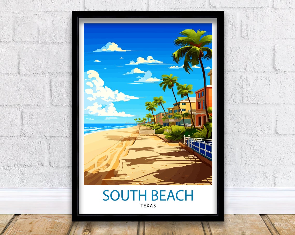 South Beach Texas Sunny Sandy Path Palms and Beach Houses Poster