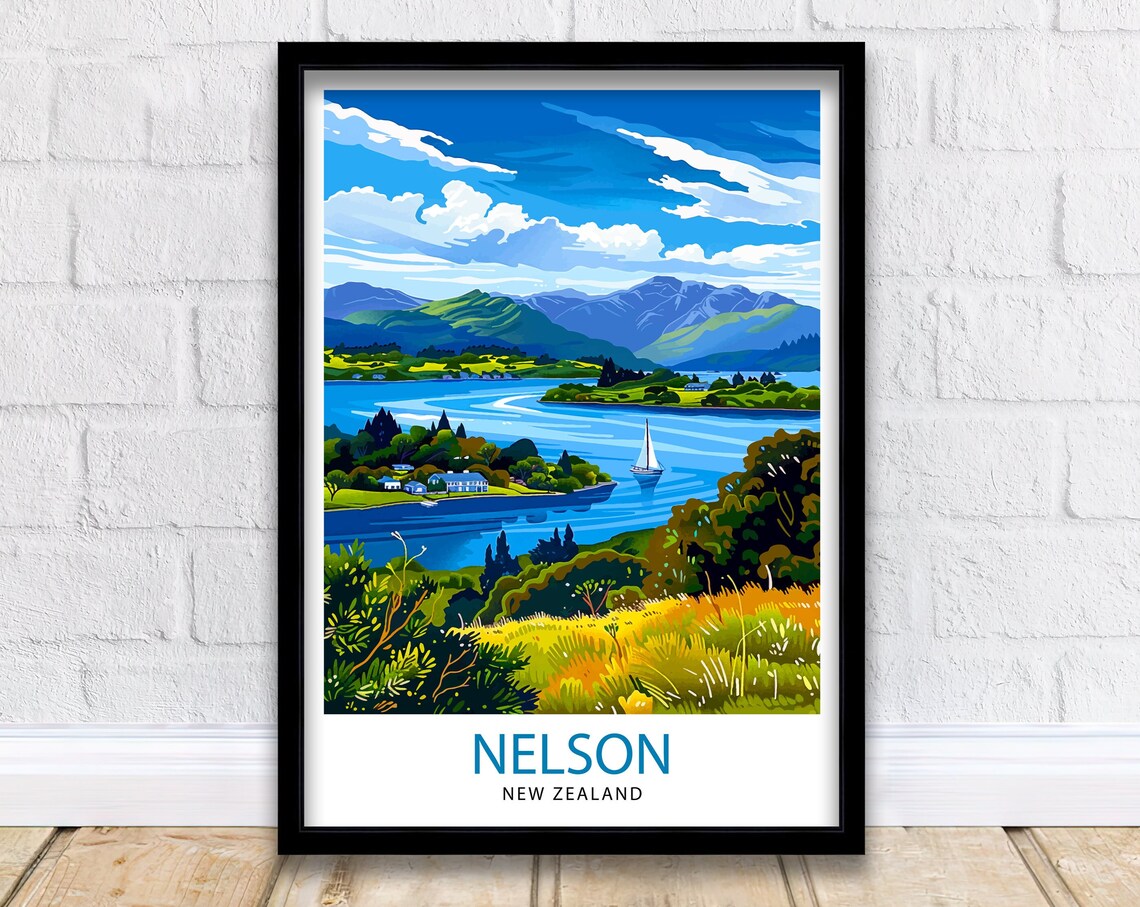 Nelson New Zealand Sailboat Lake Mountains Vintage Travel Poster