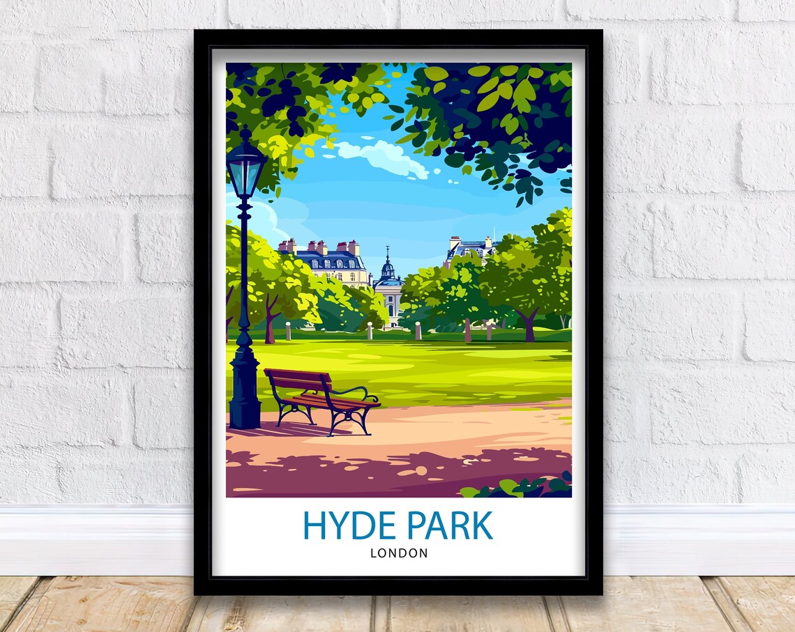 Hyde Park London Bench Lamp Post Green Lawn Vintage Travel Poster