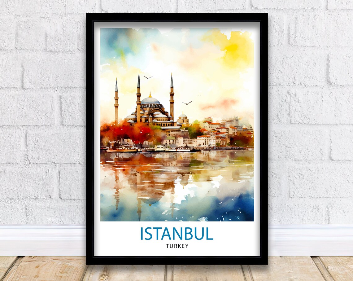Istanbul Turkey Historic Mosque Watercolor Waterfront Poster