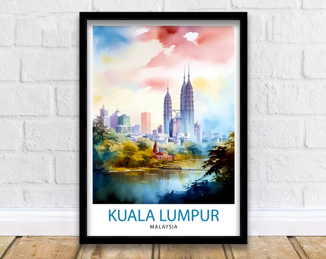 Kuala Lumpur Malaysia Twin Towers Lakeside Watercolor Travel Poster