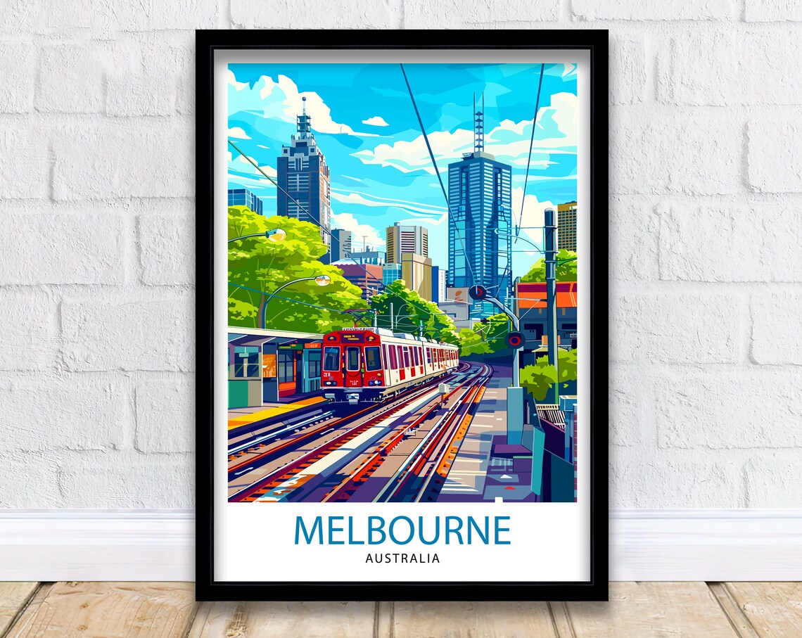 Melbourne Australia City Tram Skyline Illustrated Travel Poster