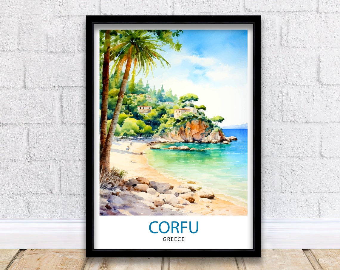 Corfu Greece Turquoise Cove Palm Trees Beach Watercolor Travel Poster