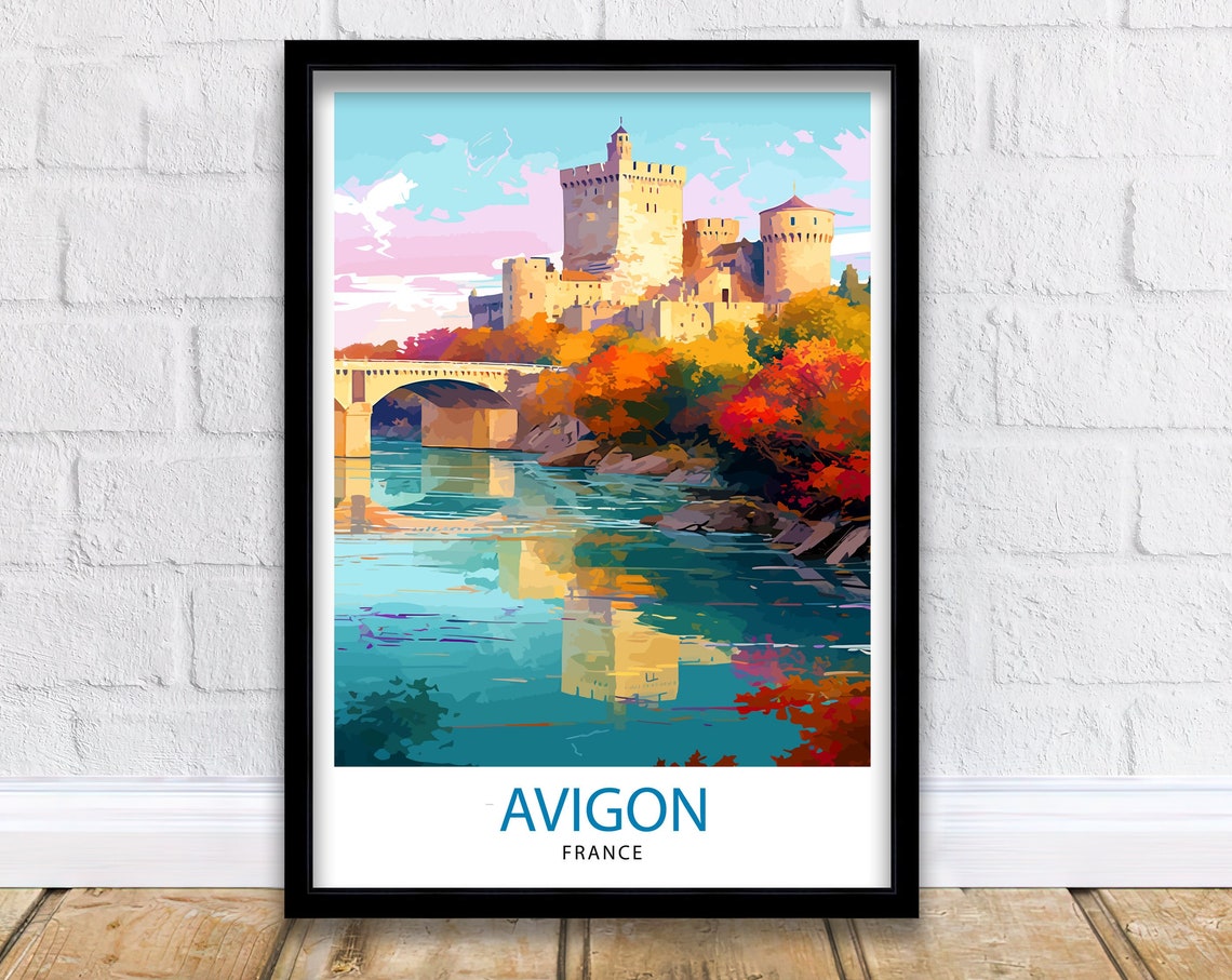 Avignon France Riverside Fortress Bridge Autumn Trees Scene Poster