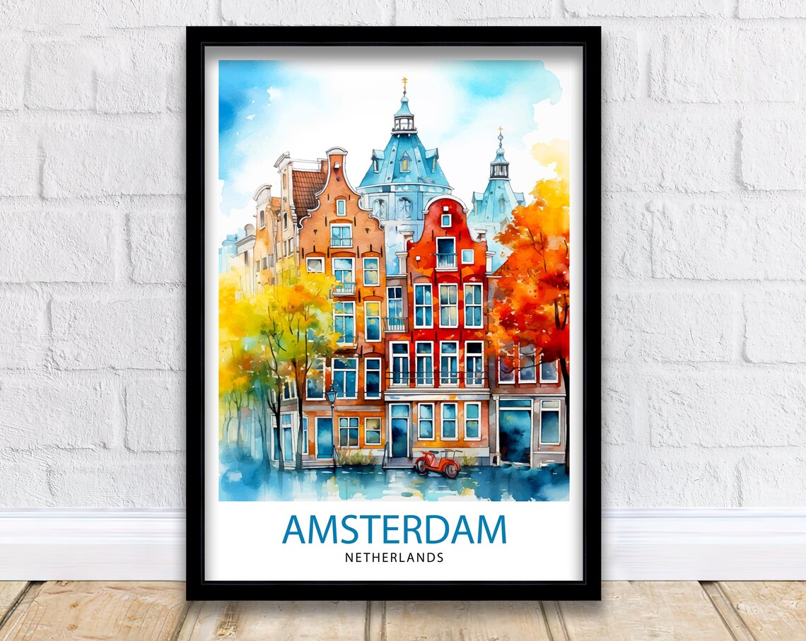 Amsterdam Netherlands Canal Houses Autumn Watercolor Travel Poster