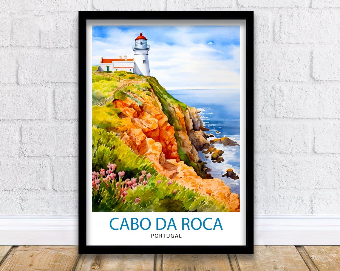 Cabo da Roca Portugal Lighthouse Coastal Cliffs Watercolor Poster